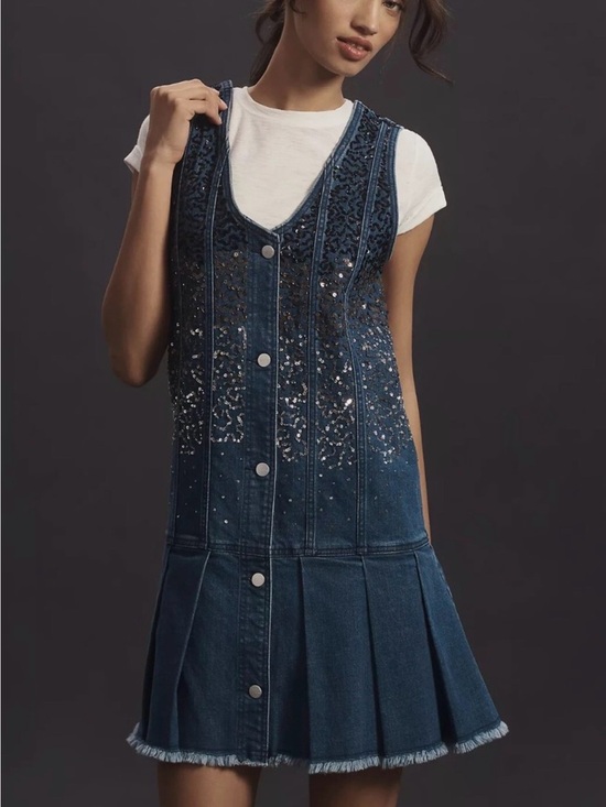 Pilcro Tops - Pilcro Anthropologie Blue Denim Dress Sequin Pleated Concert Western Top Sz S